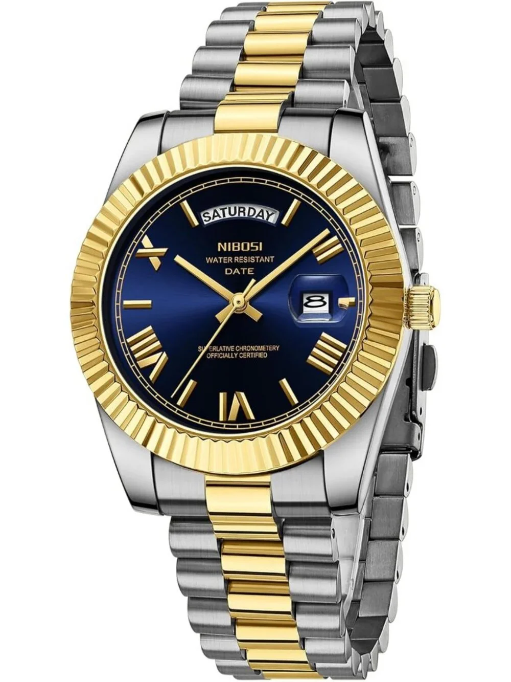 Nibosi Men's Silver Gold Analog Quartz Blue Face Waterproof Desiger Wrist Watch
